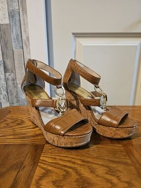 Michael Kors Tan Brown Leather Cork Wedge Sandals